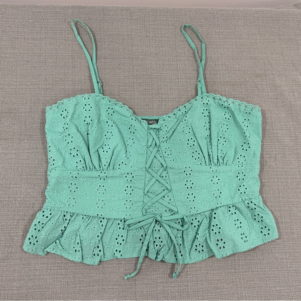 Mint Green Eyelet Lace-Up Women's Top